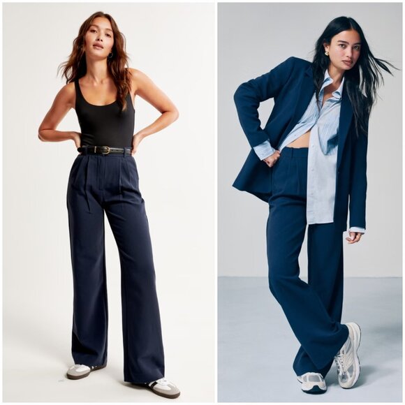 Abercrombie & Fitch Sloane Tailored Wide Leg Trouser Pant Navy Pleated 27/4 S